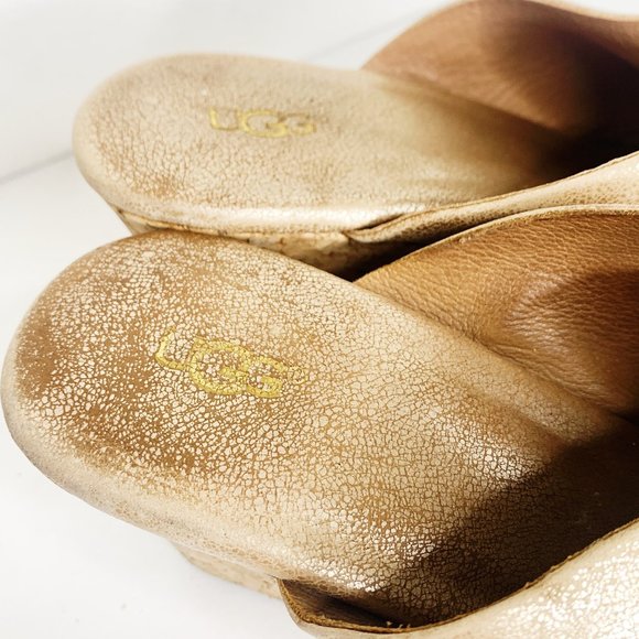 UGG Metallic Gold Cork Wedge Sandals Heel Peep Toe Women's Size 6 - Picture 5 of 11